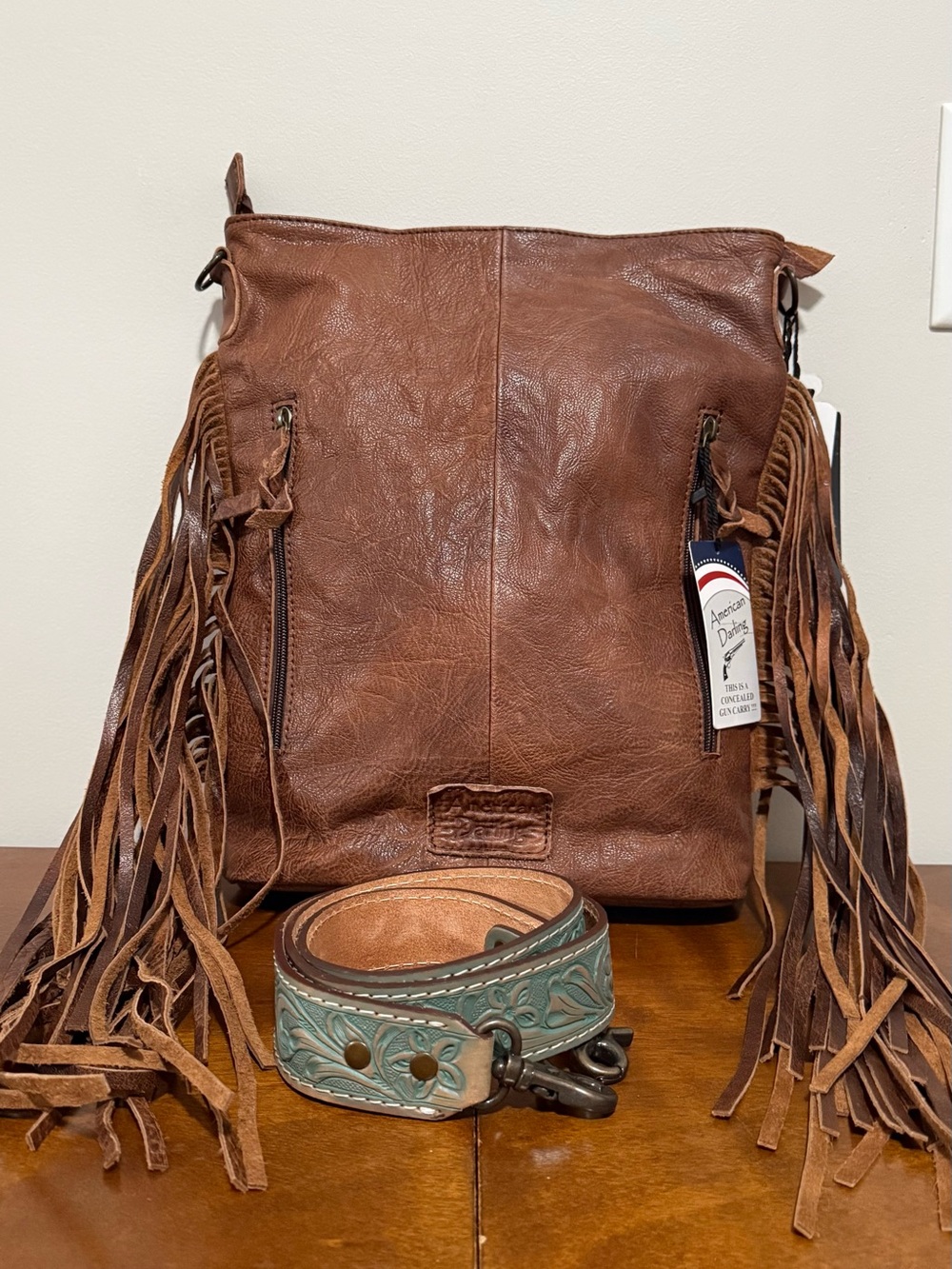 American Darling Turquoise Tooled Leather Fringe Crossbody with Brown Accents - Picture 11 of 15